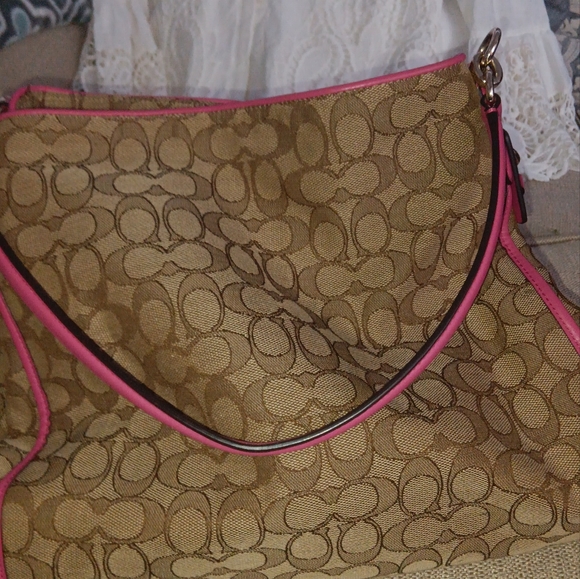 Coach Signature Brown and Pink Shoulder Bag - Picture 1 of 7